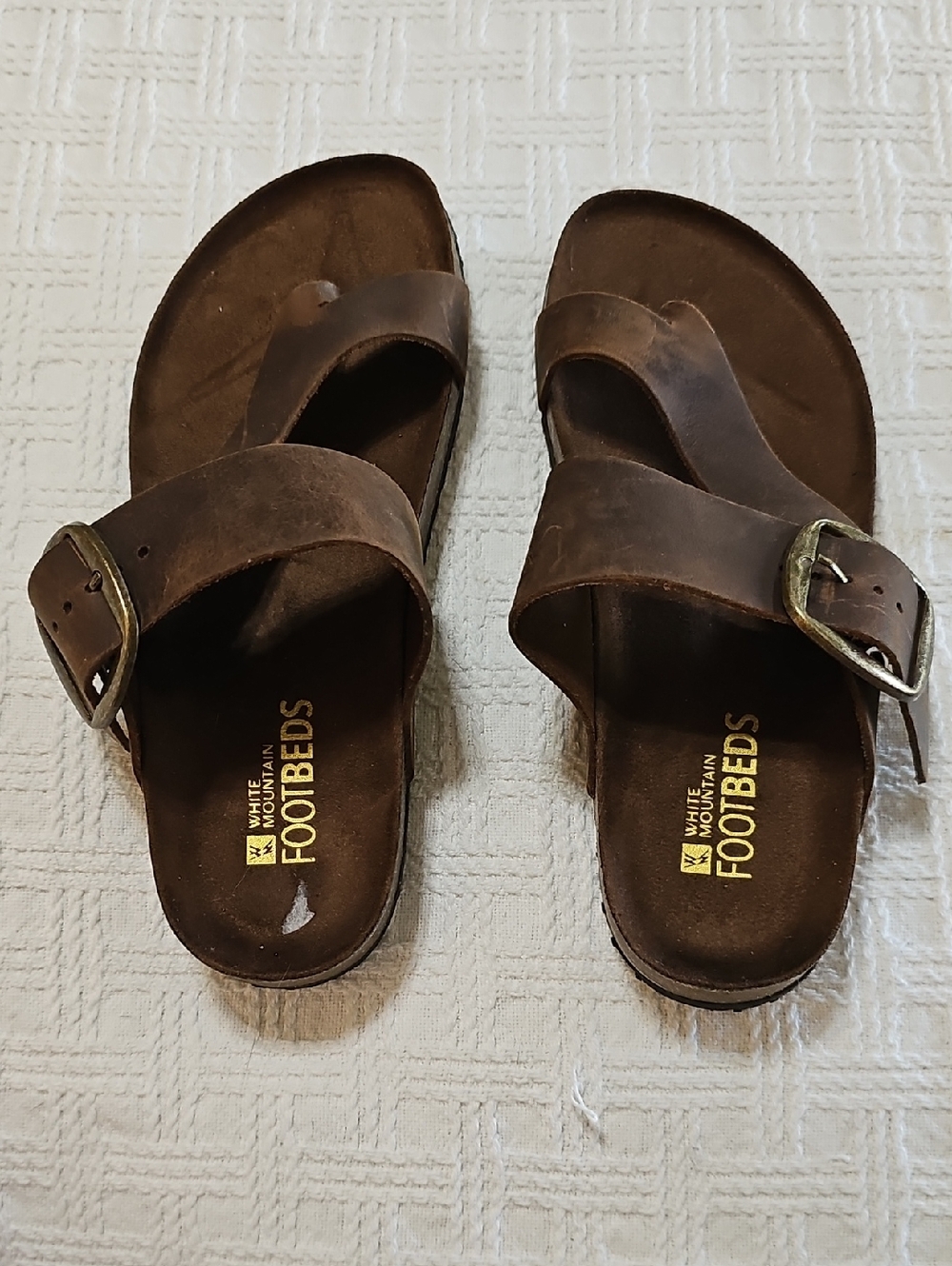 White Mountain Brown Leather Double-Band Buckle Slide Sandals